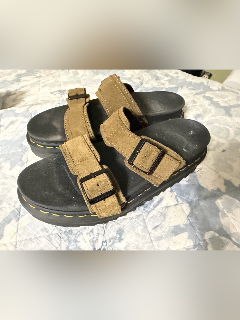 Dr. Martens Sandals Two-Strap Suede Slide Sandals in Brown/ khaki Green